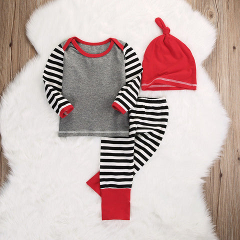 Winter Christmas Newborn Baby Boys Girls Clothes Set Infant Red Hat+Long Sleeve Stripe T-Shirt+Pants 3Pcs Toddler Clothing Set - Si and me