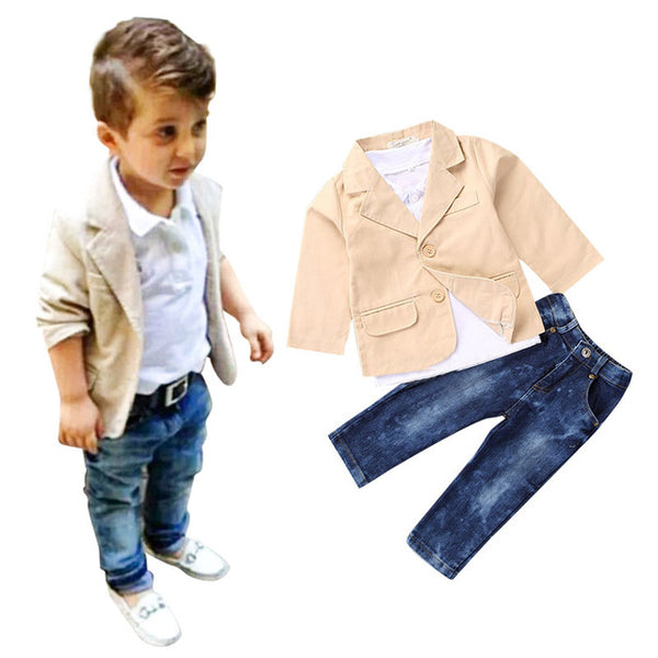 Children's clothing sets for spring Baby boy suit Long sleeve plaid shirts+car printing t-shirt+jeans 3pcs suit set - Si and me