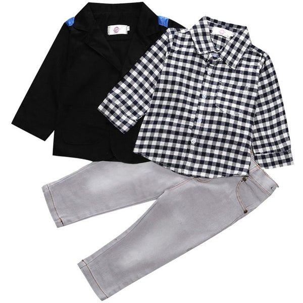 Children's clothing sets for spring Baby boy suit Long sleeve plaid shirts+car printing t-shirt+jeans 3pcs suit set - Si and me