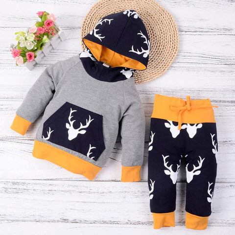 2pcs/set Winter Christmas Baby Clothes Set Cute Girl Boy Reindeer Print Hooded Sweatshirt Tops+Pants Infant Toddler Outfits Set - Si and me