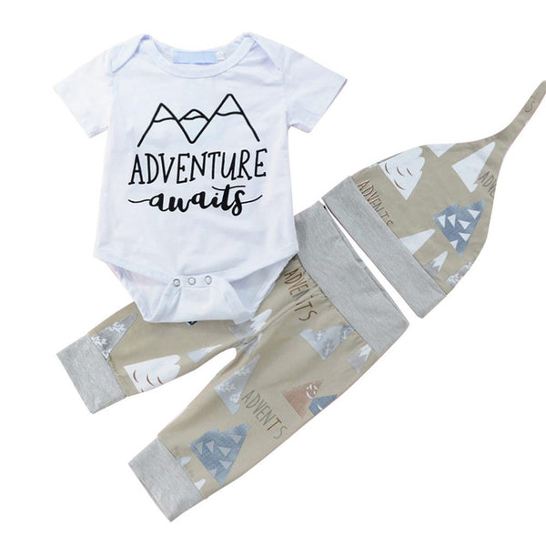 Adventure Awaits Letter Romper Mountain Print Pants Hat Toddler Baby Outfit Set - Si and me