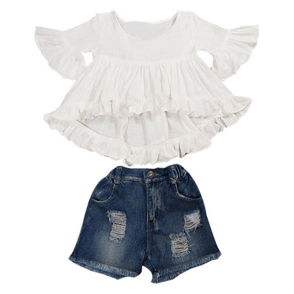 New Trends 2017 Flare Sleeve Kids Girls Wrinkle Free Ruffles Dress Demin Shorts Pants Outfits Clothes SetS 2PCS baby girl - Si and me